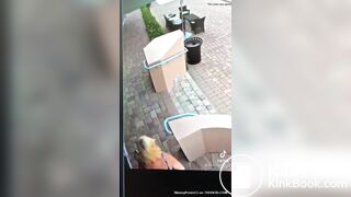 Blonde Woman poops on sidewalk