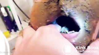 Lucky guy shitting and pissing a scat whores mouth