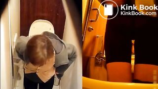 Woman takes a constipated poop and fart on toilet
