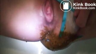 Flat breast girl shit and piss on the blue panty2
