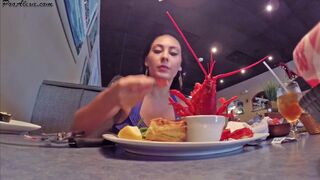 Hot and sexy girl eats and digest seafood then poop it.