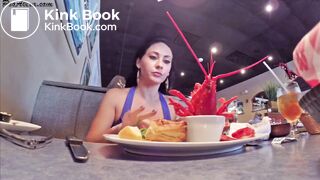 Hot and sexy girl eats and digest seafood then poop it.