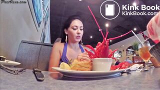 Hot and sexy girl eats and digest seafood then poop it.