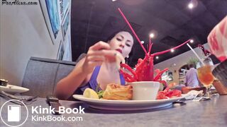 Hot and sexy girl eats and digest seafood then poop it.