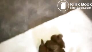 Blonde naked girl poops standing up