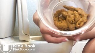 Girl poops in container with closeup