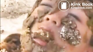 Japanese girls shit on a human toilet in the sand