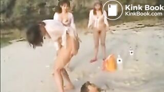 Japanese girls shit on a human toilet in the sand