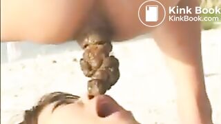 Japanese girls shit on a human toilet in the sand