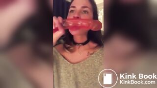 Sucking on shitty dildo