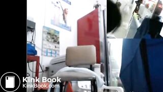 Sexy latina fucks shitty dildo with customers around