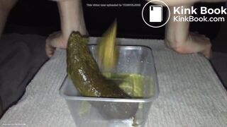Girl shitting big turd into a plastic container