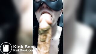 female dog licks a shit dildo