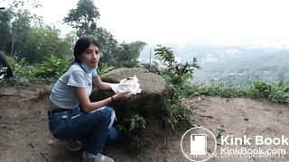 Girl eats her shit from diaper outdoor