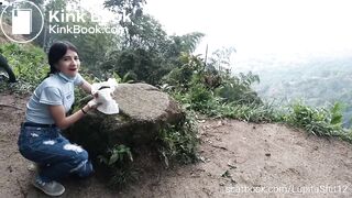 Girl eats her shit from diaper outdoor