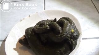 Girl shits a huge pile of green shit on a plate