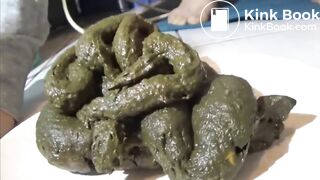 Girl shits a huge pile of green shit on a plate