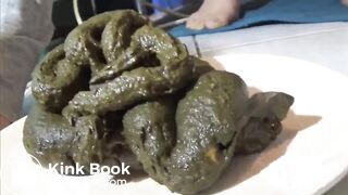 Girl shits a huge pile of green shit on a plate
