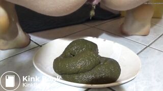 Girl shits a huge pile of green shit on a plate
