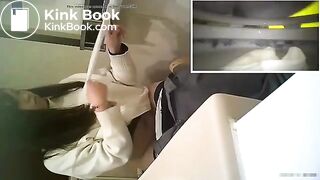 Girl is stepping on the poop in the bathroom