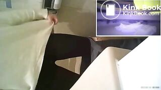 Girl is stepping on the poop in the bathroom