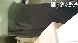 Girl is stepping on the poop in the bathroom