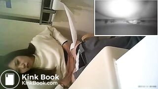 Girl is stepping on the poop in the bathroom