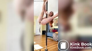 Woman poledancing and taking a shit