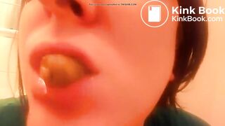 College teen eating poop in close up