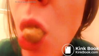 College teen eating poop in close up