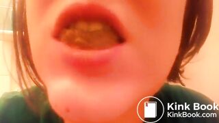 College teen eating poop in close up