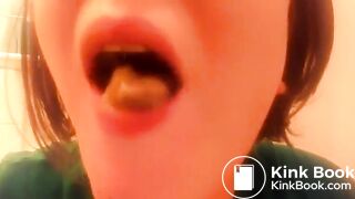 College teen eating poop in close up