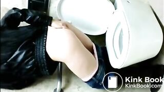 Brunette poops in public toilet
