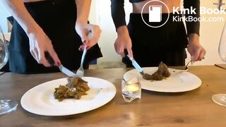 Two girls shitting on plates