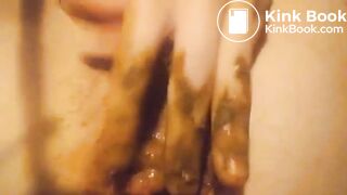 Slutty chubby pig plays with her shit in bed