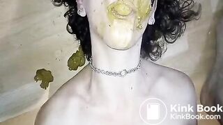 Brunette milf sucking a scat covered dick