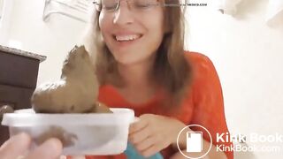 Girl shits into a plastic container