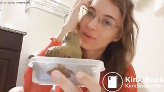 Girl shits into a plastic container