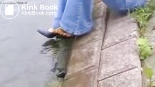 Shit in blue heels, dressed and then thrown away