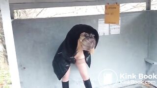 Masked blonde caught eating poop outdoor