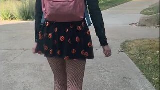 walking across the campus with a shit in her diaper