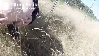 Blonde shits outdoor near the road