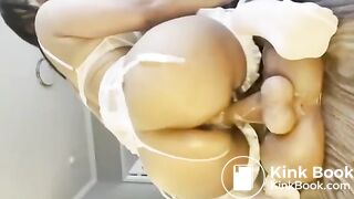 Girl in a bride outfit pisses and shits herself on a di