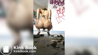 Teen in bikini shits in abandoned building