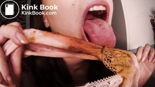 slut chews shitty panties close up