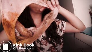 slut chews shitty panties close up