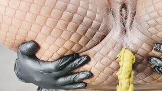 Thicc ebony shits through fishnets