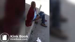 Old and homeless woman pooping in the streets.