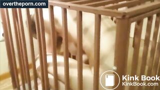 Milf goes into a cage and shit in a dog bowl