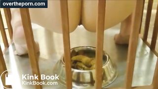 Milf goes into a cage and shit in a dog bowl